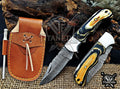 Personalized Handmade 6.75"Damascus Steel Pocket Knife, Folding EDC Hunting Knife, Wood Handle, Groomsmen Gift With Leather Sheath