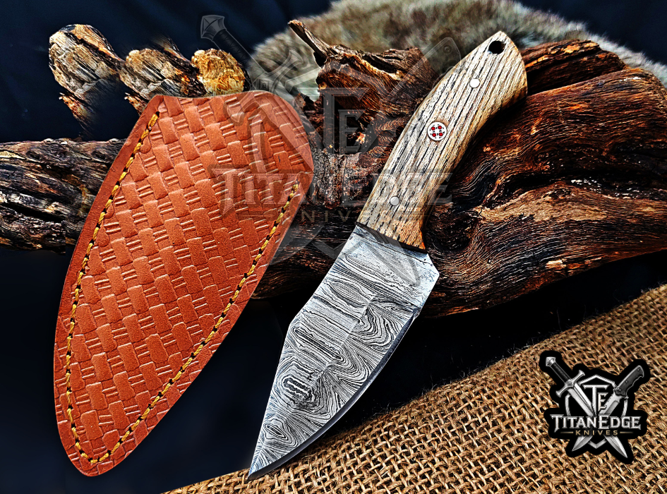 6.75" Handmade Damascus Steel Fixed Blade Knife with Leather Sheath