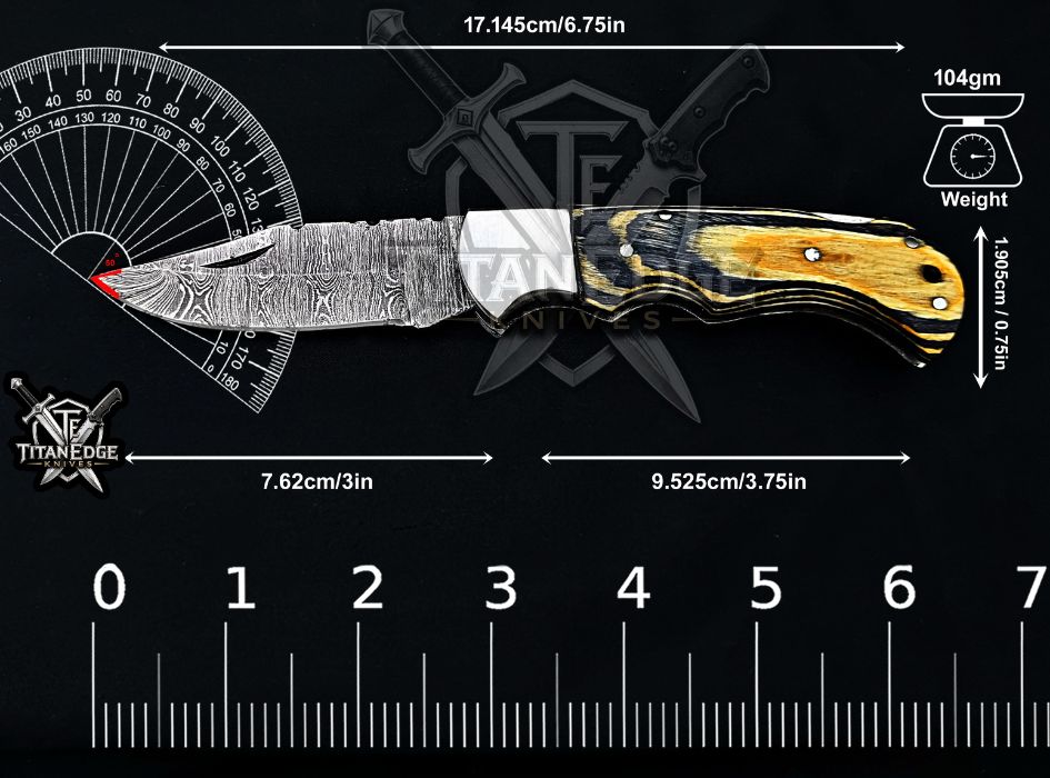 Personalized Handmade 6.75"Damascus Steel Pocket Knife, Folding EDC Hunting Knife, Wood Handle, Groomsmen Gift With Leather Sheath