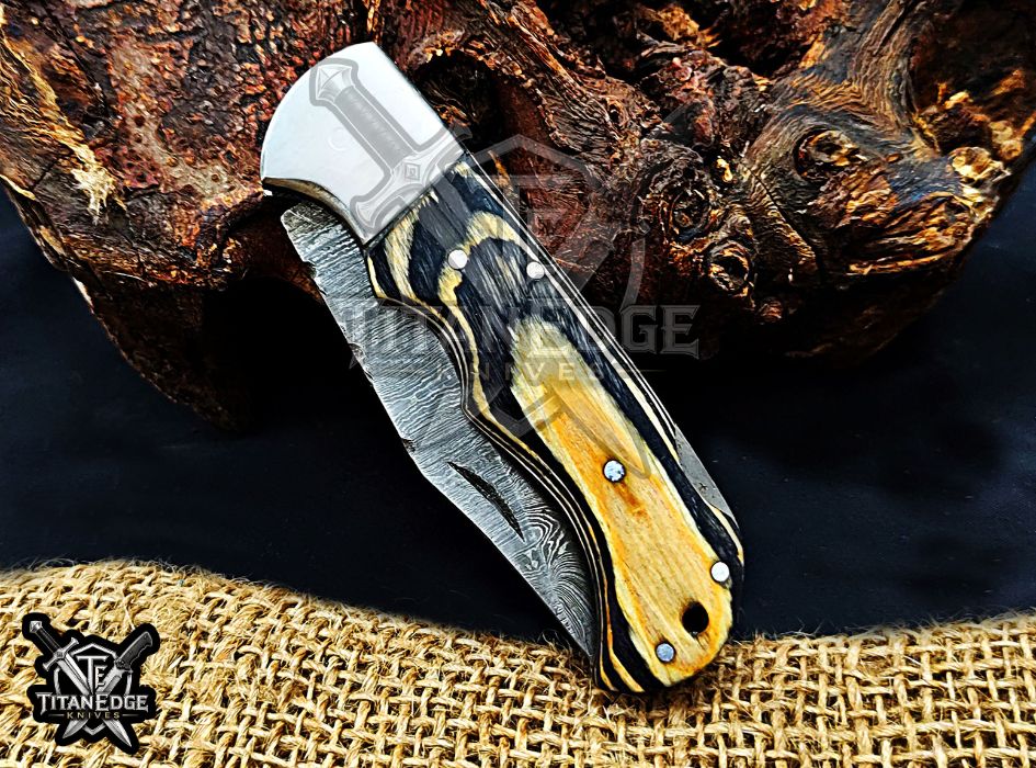 Personalized Handmade 6.75"Damascus Steel Pocket Knife, Folding EDC Hunting Knife, Wood Handle, Groomsmen Gift With Leather Sheath