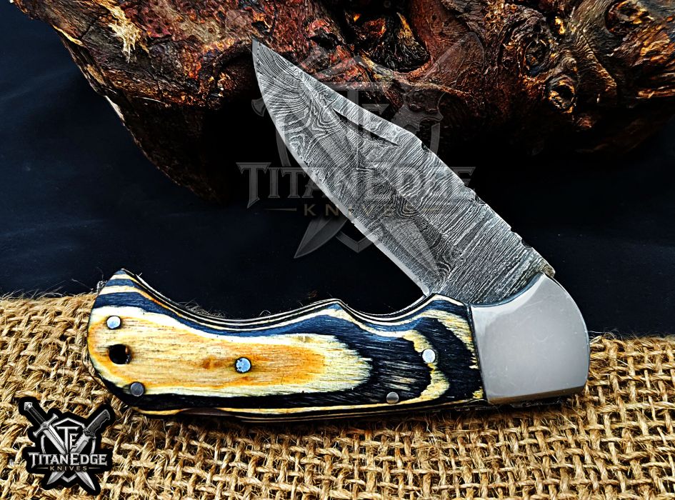 Personalized Handmade 6.75"Damascus Steel Pocket Knife, Folding EDC Hunting Knife, Wood Handle, Groomsmen Gift With Leather Sheath