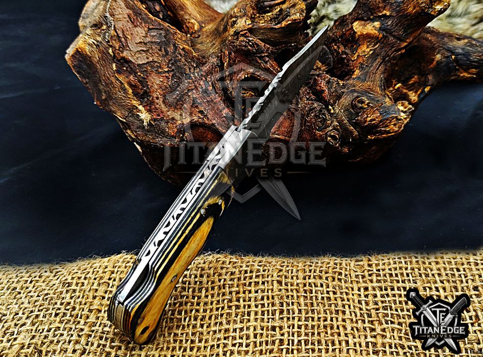 Personalized Handmade 6.75"Damascus Steel Pocket Knife, Folding EDC Hunting Knife, Wood Handle, Groomsmen Gift With Leather Sheath