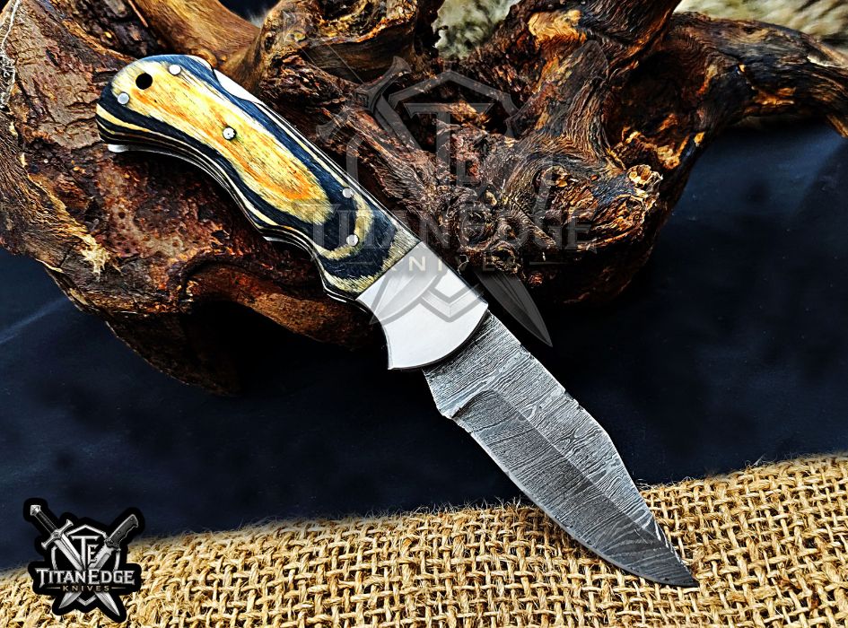 Personalized Handmade 6.75"Damascus Steel Pocket Knife, Folding EDC Hunting Knife, Wood Handle, Groomsmen Gift With Leather Sheath