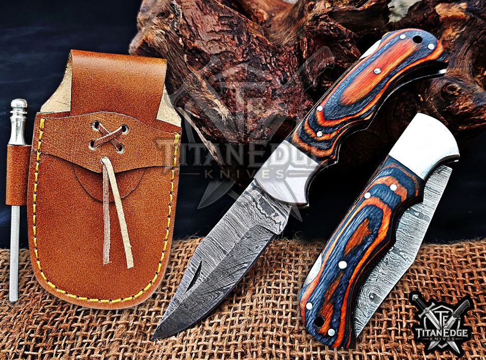 Personalized Handmade 6.75"Damascus Steel Pocket Knife, Folding EDC Hunting Knife, Wood Handle, Groomsmen Gift With Leather Sheath