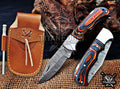Personalized Handmade 6.75"Damascus Steel Pocket Knife, Folding EDC Hunting Knife, Wood Handle, Groomsmen Gift With Leather Sheath