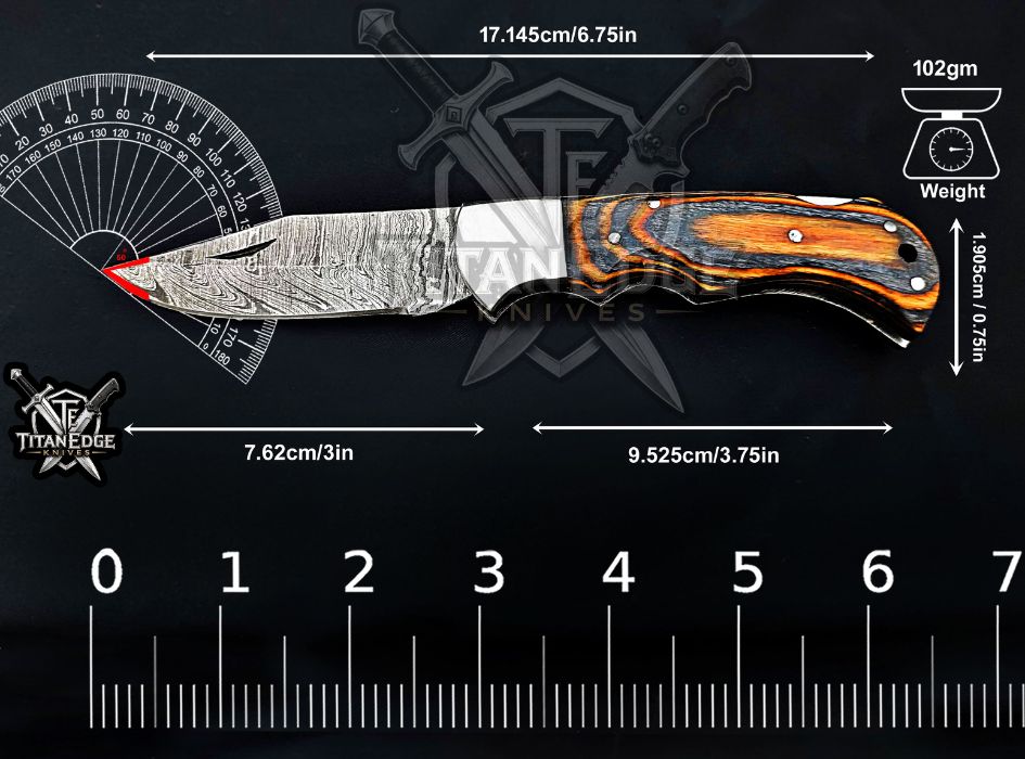 Personalized Handmade 6.75"Damascus Steel Pocket Knife, Folding EDC Hunting Knife, Wood Handle, Groomsmen Gift With Leather Sheath