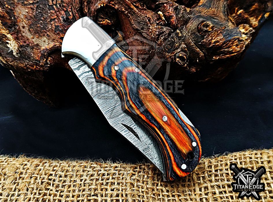 Personalized Handmade 6.75"Damascus Steel Pocket Knife, Folding EDC Hunting Knife, Wood Handle, Groomsmen Gift With Leather Sheath