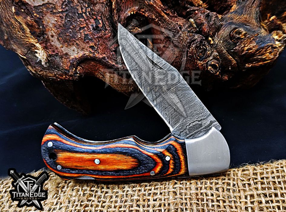 Personalized Handmade 6.75"Damascus Steel Pocket Knife, Folding EDC Hunting Knife, Wood Handle, Groomsmen Gift With Leather Sheath