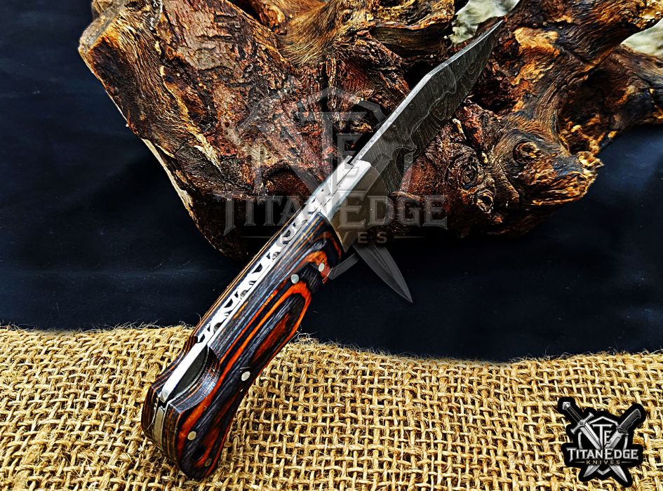 Personalized Handmade 6.75"Damascus Steel Pocket Knife, Folding EDC Hunting Knife, Wood Handle, Groomsmen Gift With Leather Sheath