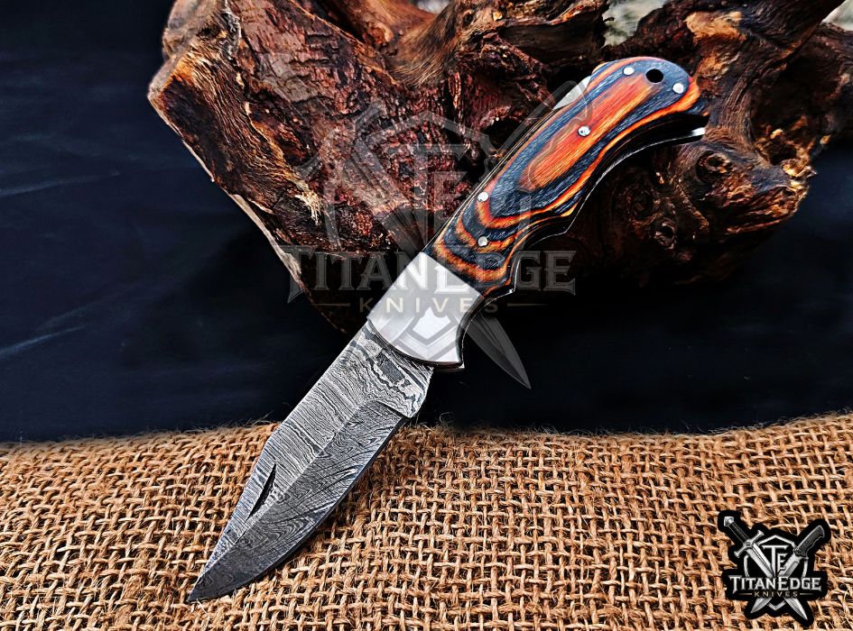Personalized Handmade 6.75"Damascus Steel Pocket Knife, Folding EDC Hunting Knife, Wood Handle, Groomsmen Gift With Leather Sheath