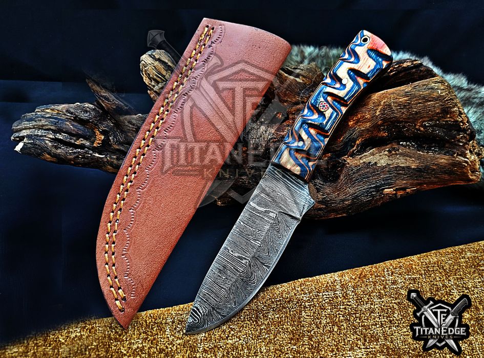 Personalized Handcrafted Damascus Hunting Knife, 8-Inch Full Tang Skinning Blade, Bushcraft EDC Tool, Wood Handle Camping Tool
