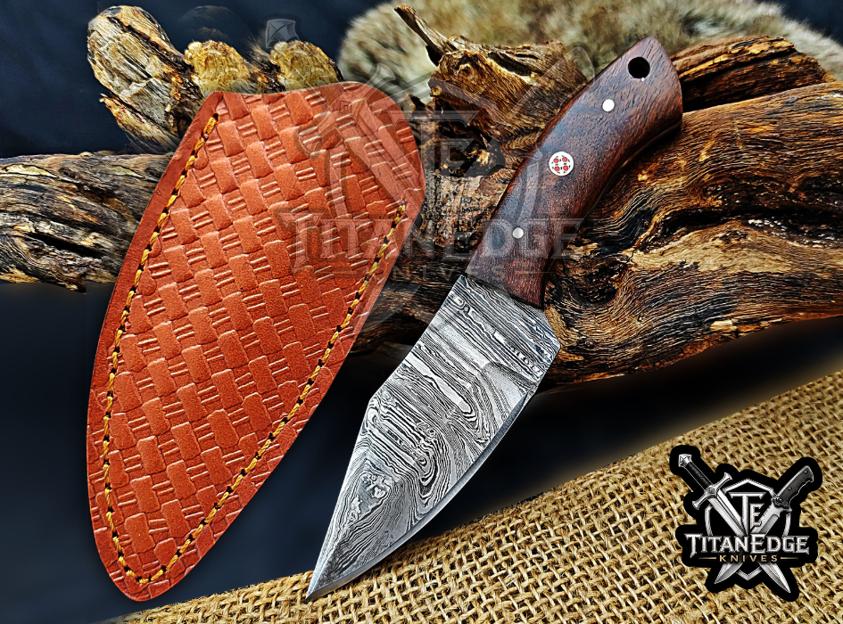 6.75" Handmade Damascus Steel Fixed Blade Knife with Leather Sheath