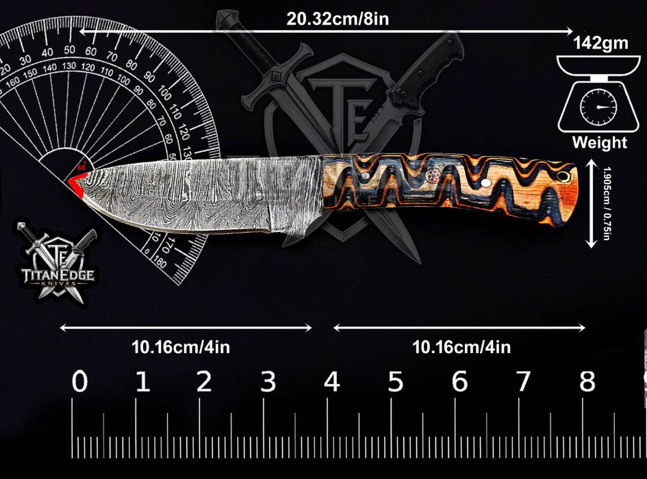 Personalized Handcrafted Damascus Hunting Knife, 8-Inch Full Tang Skinning Blade, Bushcraft EDC Tool, Wood Handle Camping Tool