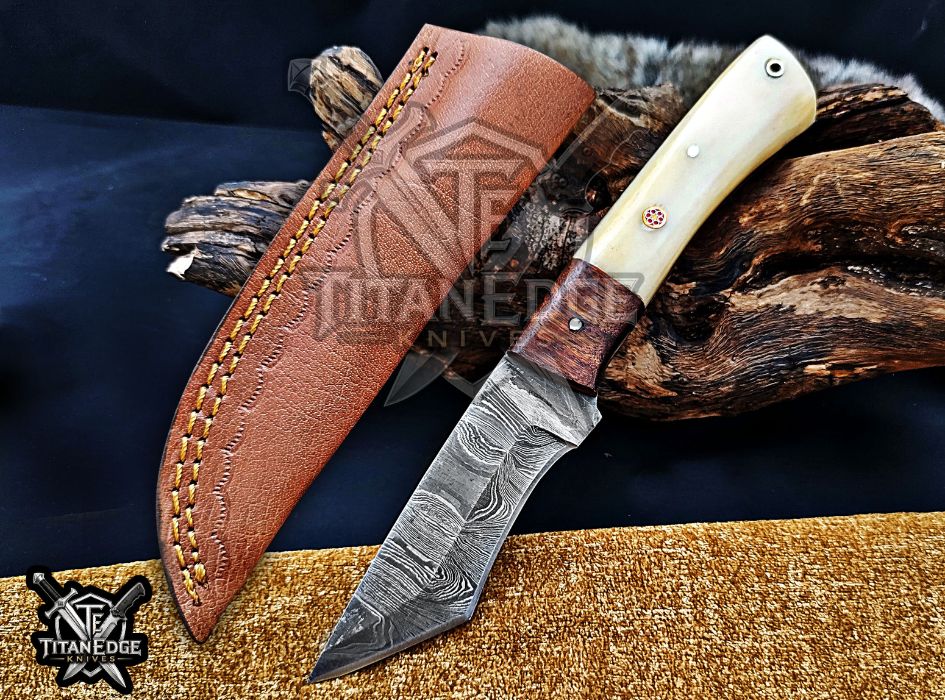 Personalized Handcrafted Damascus Hunting Knife, 8.5-Inch Full Tang Skinning Blade, Bushcraft EDC Tool, Wood Handle Camping Tool