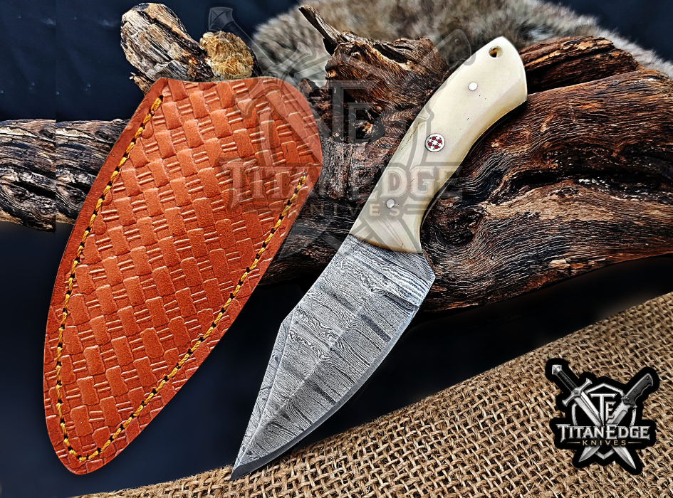 6.75" Handmade Damascus Steel Fixed Blade Knife with Leather Sheath