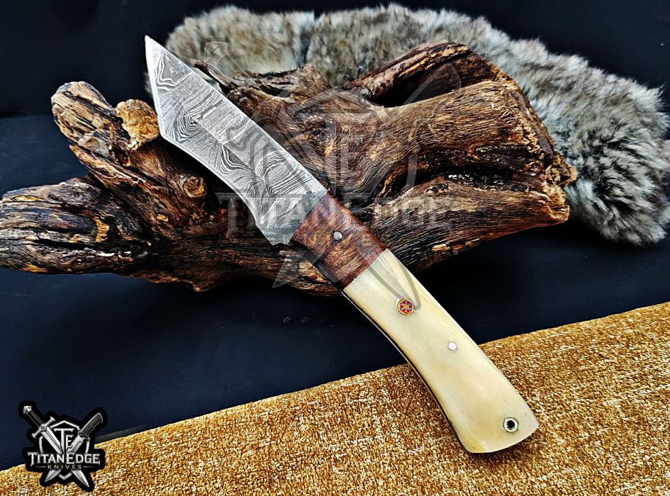 Personalized Handcrafted Damascus Hunting Knife, 8.5-Inch Full Tang Skinning Blade, Bushcraft EDC Tool, Wood Handle Camping Tool