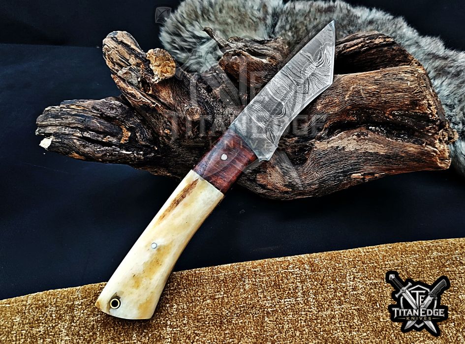 Personalized Handcrafted Damascus Hunting Knife, 8.5-Inch Full Tang Skinning Blade, Bushcraft EDC Tool, Wood Handle Camping Tool