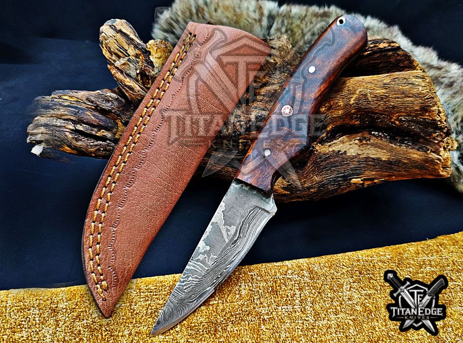 Personalized Handcrafted Damascus Hunting Knife, 8-Inch Full Tang Skinning Blade, Bushcraft EDC Tool, Wood Handle Camping Tool