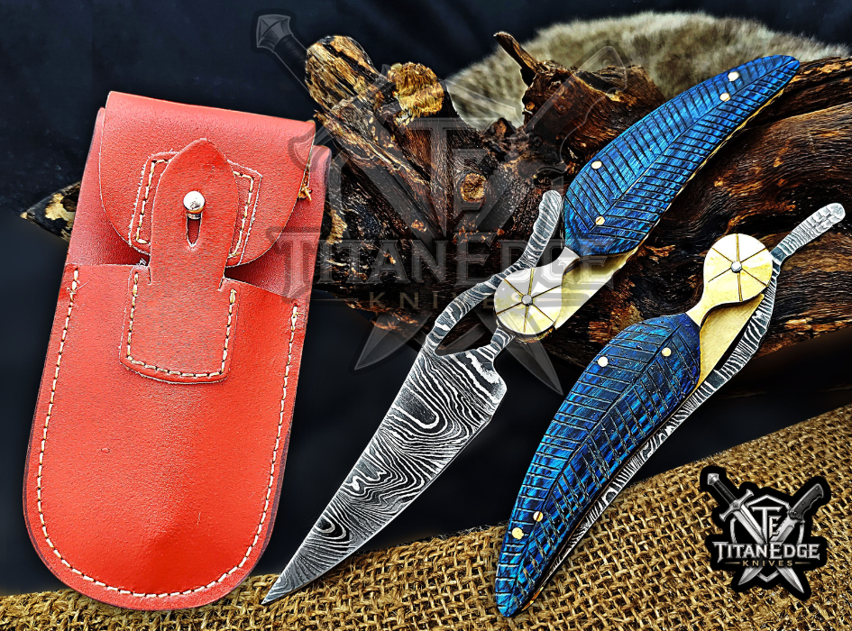 Personalized 8.5" Damascus Folding Pocket Knife, Wood Feather Handle, Brass Bolster EDC Hunting Knife, Leather Sheath