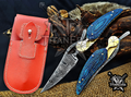 Personalized 8.5" Damascus Folding Pocket Knife, Wood Feather Handle, Brass Bolster EDC Hunting Knife, Leather Sheath