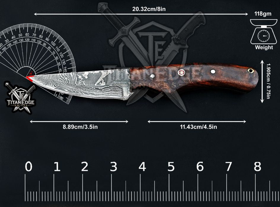 Personalized Handcrafted Damascus Hunting Knife, 8-Inch Full Tang Skinning Blade, Bushcraft EDC Tool, Wood Handle Camping Tool