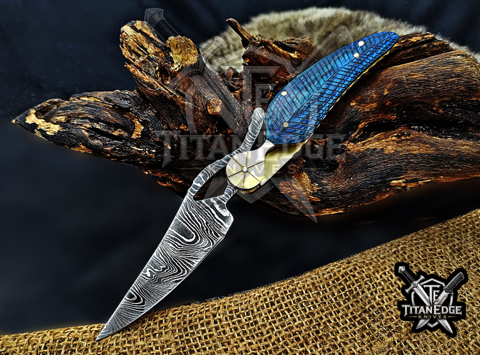Personalized 8.5" Damascus Folding Pocket Knife, Wood Feather Handle, Brass Bolster EDC Hunting Knife, Leather Sheath