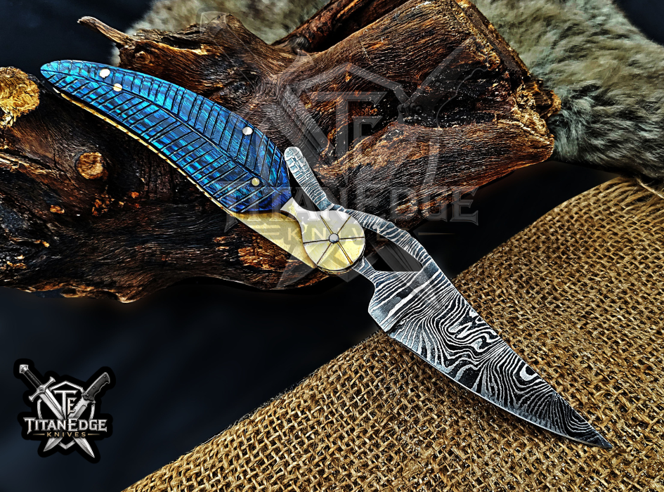 Personalized 8.5" Damascus Folding Pocket Knife, Wood Feather Handle, Brass Bolster EDC Hunting Knife, Leather Sheath