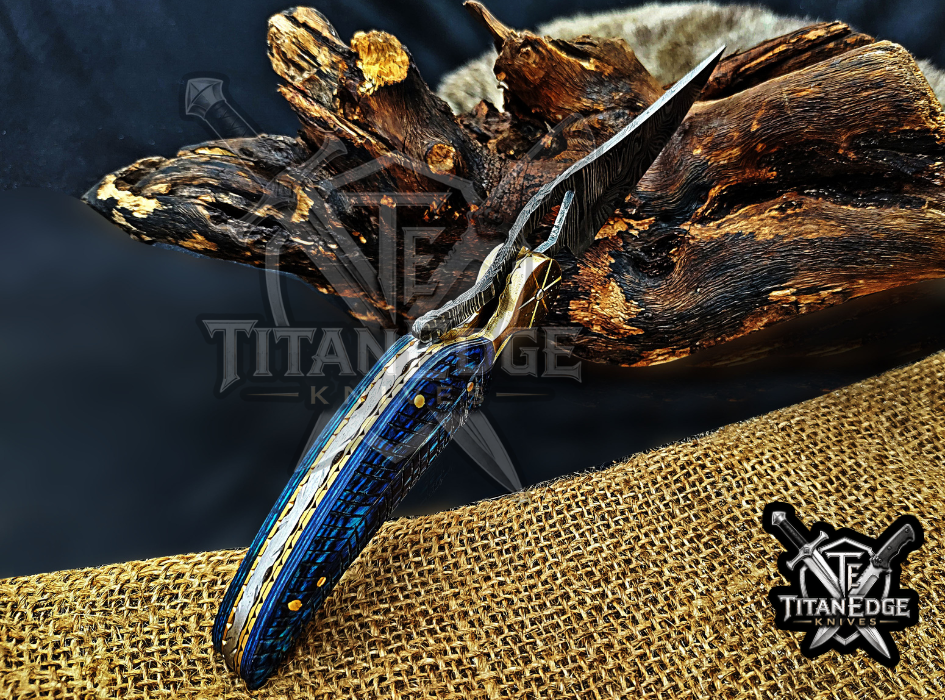 Personalized 8.5" Damascus Folding Pocket Knife, Wood Feather Handle, Brass Bolster EDC Hunting Knife, Leather Sheath