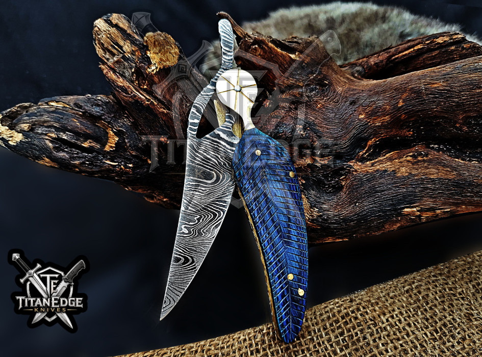 Personalized 8.5" Damascus Folding Pocket Knife, Wood Feather Handle, Brass Bolster EDC Hunting Knife, Leather Sheath