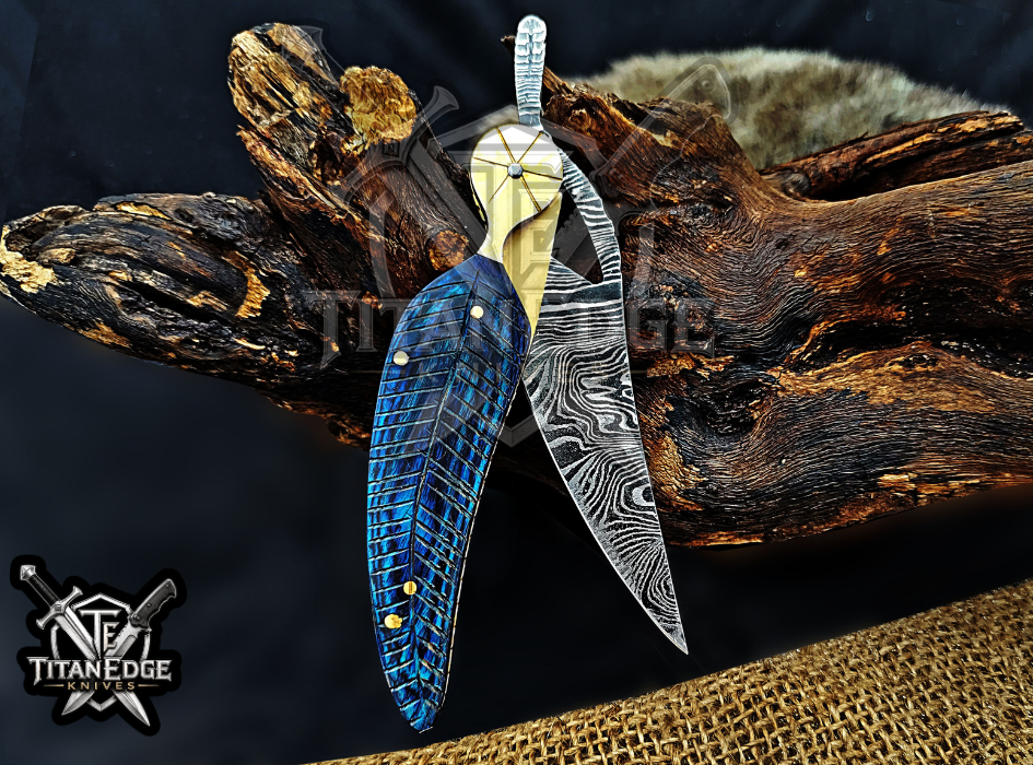 Personalized 8.5" Damascus Folding Pocket Knife, Wood Feather Handle, Brass Bolster EDC Hunting Knife, Leather Sheath