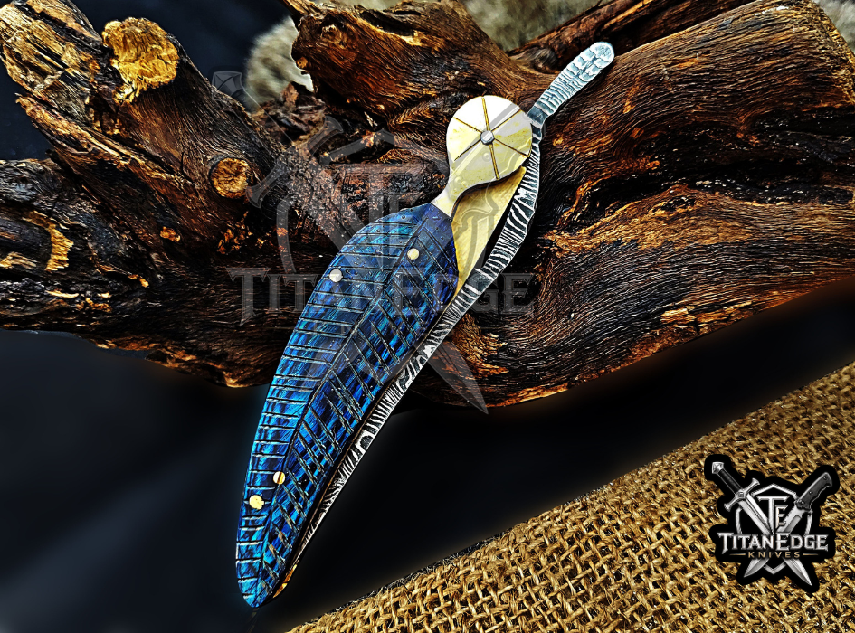 Personalized 8.5" Damascus Folding Pocket Knife, Wood Feather Handle, Brass Bolster EDC Hunting Knife, Leather Sheath