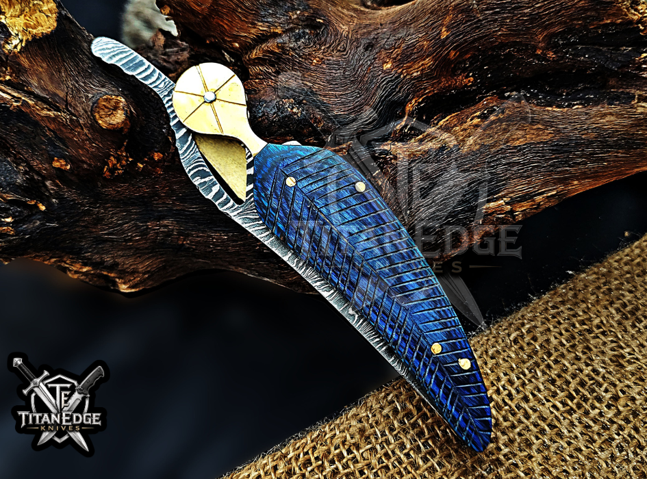 Personalized 8.5" Damascus Folding Pocket Knife, Wood Feather Handle, Brass Bolster EDC Hunting Knife, Leather Sheath