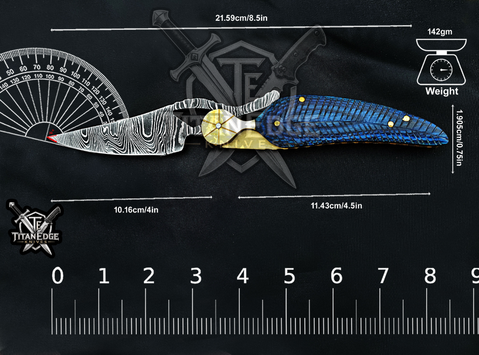Personalized 8.5" Damascus Folding Pocket Knife, Wood Feather Handle, Brass Bolster EDC Hunting Knife, Leather Sheath