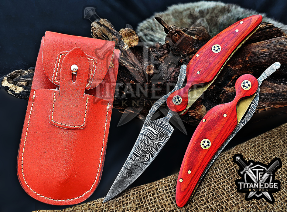 Personalized 8.5" Damascus Folding Pocket Knife, Wood Feather Handle, Brass Bolster EDC Hunting Knife, Leather Sheath