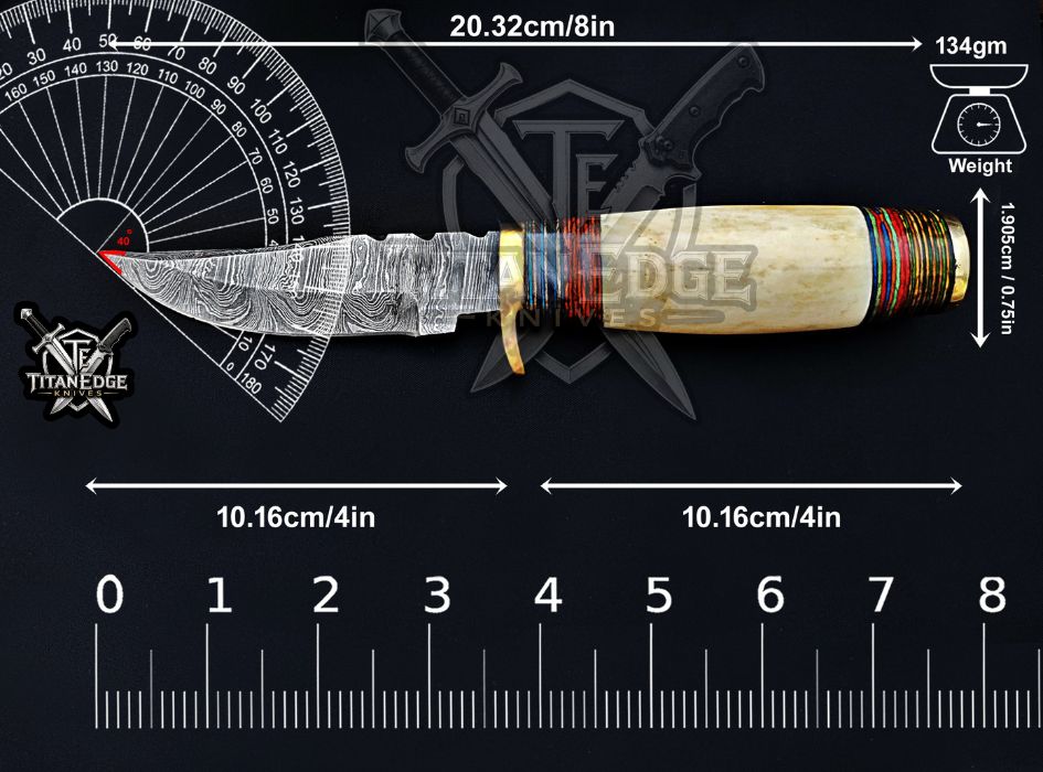 Personalized Handcrafted Damascus Hunting Knife, 8-Inch Full Tang Skinning Blade, Bushcraft EDC Tool, Bone Handle Camping Tool