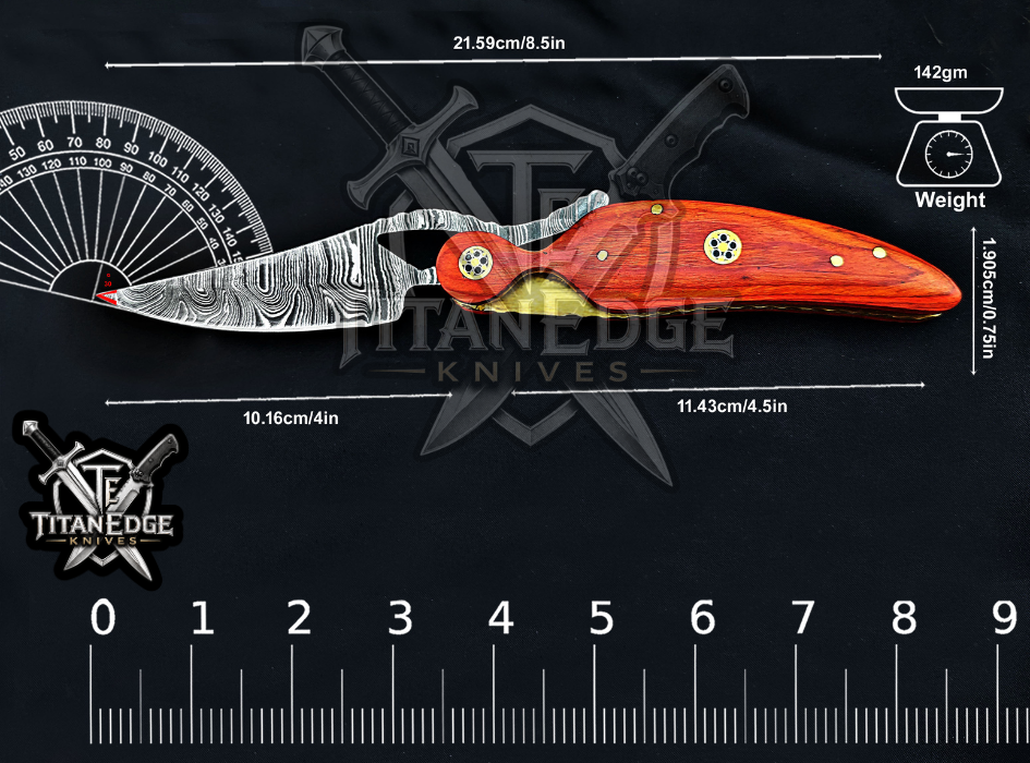 Personalized 8.5" Damascus Folding Pocket Knife, Wood Feather Handle, Brass Bolster EDC Hunting Knife, Leather Sheath