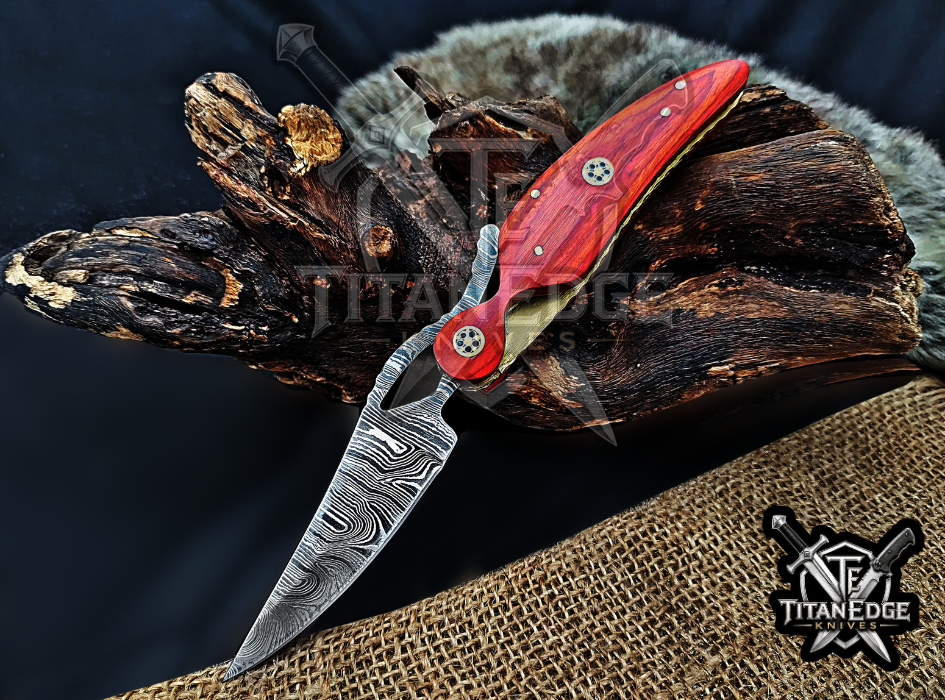 Personalized 8.5" Damascus Folding Pocket Knife, Wood Feather Handle, Brass Bolster EDC Hunting Knife, Leather Sheath