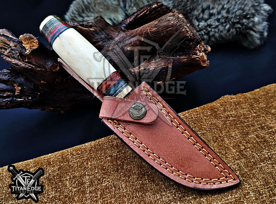 Personalized Handcrafted Damascus Hunting Knife, 8-Inch Full Tang Skinning Blade, Bushcraft EDC Tool, Bone Handle Camping Tool