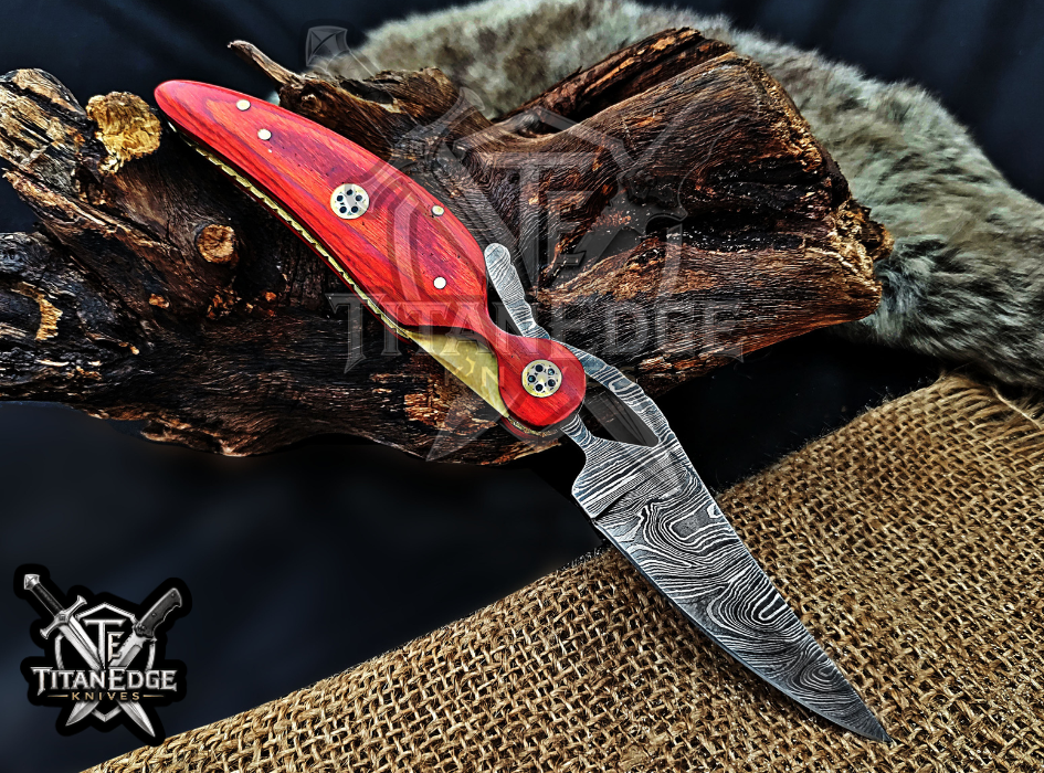 Personalized 8.5" Damascus Folding Pocket Knife, Wood Feather Handle, Brass Bolster EDC Hunting Knife, Leather Sheath