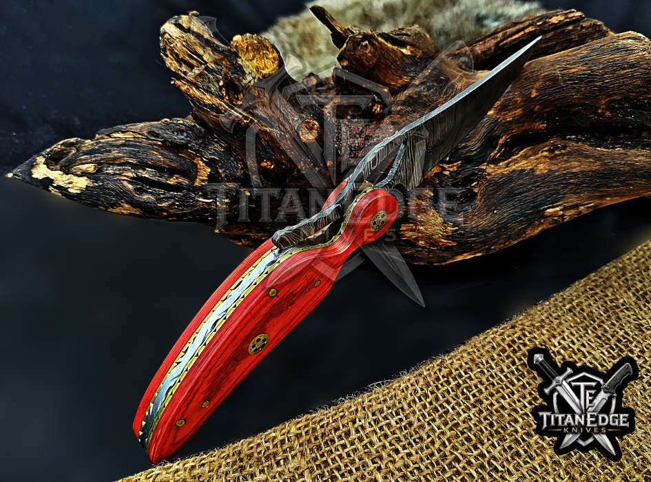Personalized 8.5" Damascus Folding Pocket Knife, Wood Feather Handle, Brass Bolster EDC Hunting Knife, Leather Sheath