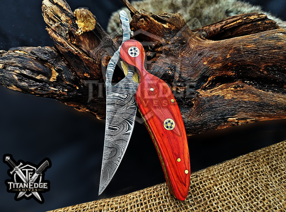 Personalized 8.5" Damascus Folding Pocket Knife, Wood Feather Handle, Brass Bolster EDC Hunting Knife, Leather Sheath