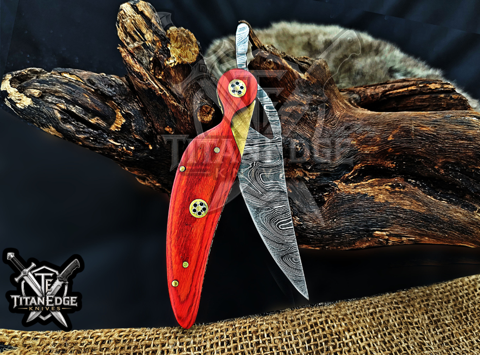 Personalized 8.5" Damascus Folding Pocket Knife, Wood Feather Handle, Brass Bolster EDC Hunting Knife, Leather Sheath