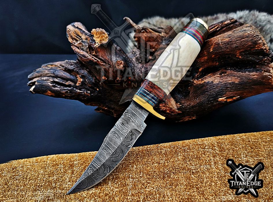Personalized Handcrafted Damascus Hunting Knife, 8-Inch Full Tang Skinning Blade, Bushcraft EDC Tool, Bone Handle Camping Tool