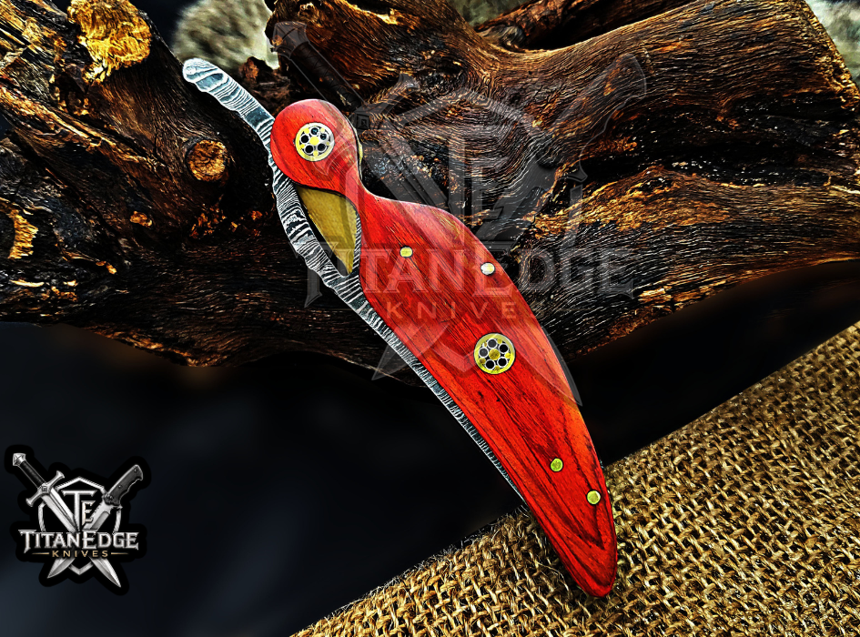 Personalized 8.5" Damascus Folding Pocket Knife, Wood Feather Handle, Brass Bolster EDC Hunting Knife, Leather Sheath