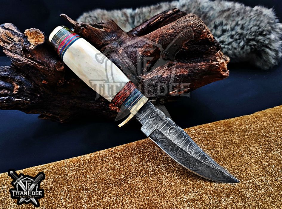 Personalized Handcrafted Damascus Hunting Knife, 8-Inch Full Tang Skinning Blade, Bushcraft EDC Tool, Bone Handle Camping Tool