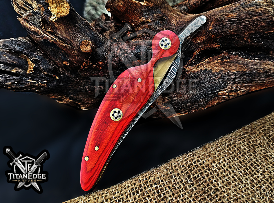 Personalized 8.5" Damascus Folding Pocket Knife, Wood Feather Handle, Brass Bolster EDC Hunting Knife, Leather Sheath