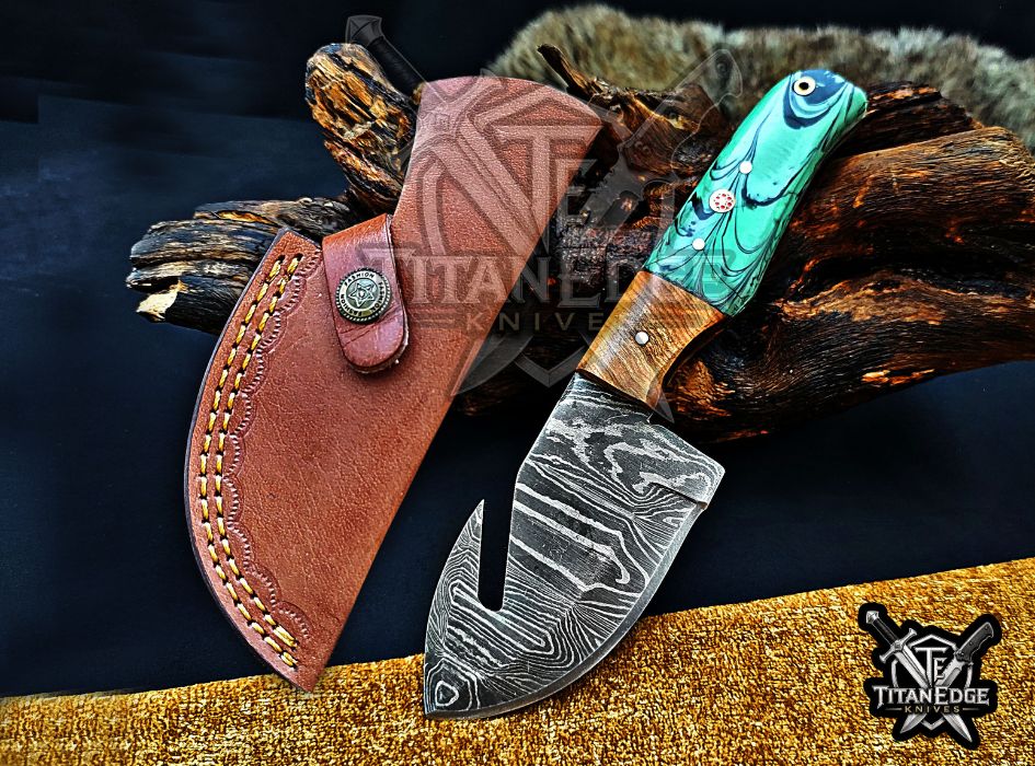Personalized Damascus Steel Gut Hook Knife, 7.5" Fixed Blade Tracker, Resin & Wood Handle EDC Tool, Camping Tool