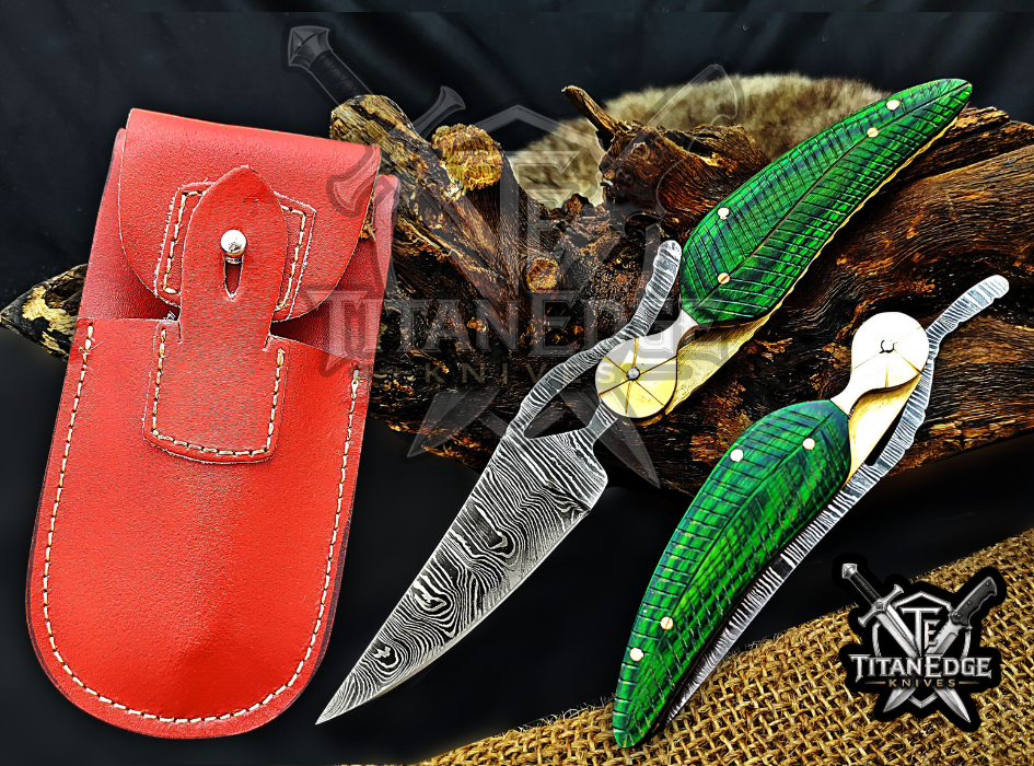 Personalized 8.5" Damascus Folding Pocket Knife, Wood Feather Handle, Brass Bolster EDC Hunting Knife, Leather Sheath
