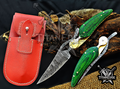 Personalized 8.5" Damascus Folding Pocket Knife, Wood Feather Handle, Brass Bolster EDC Hunting Knife, Leather Sheath