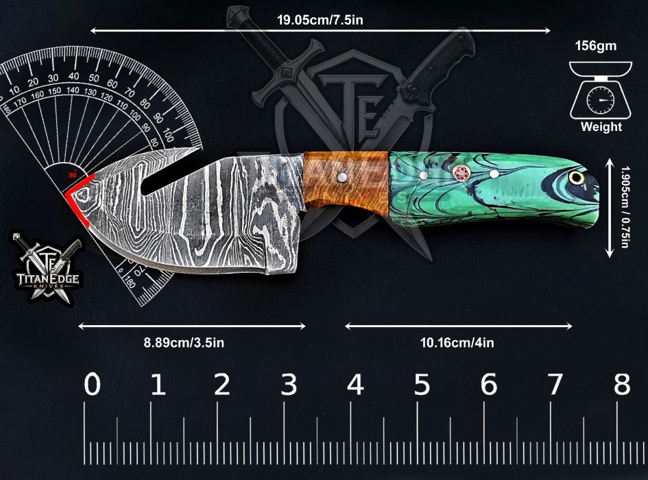 Personalized Damascus Steel Gut Hook Knife, 7.5" Fixed Blade Tracker, Resin & Wood Handle EDC Tool, Camping Tool